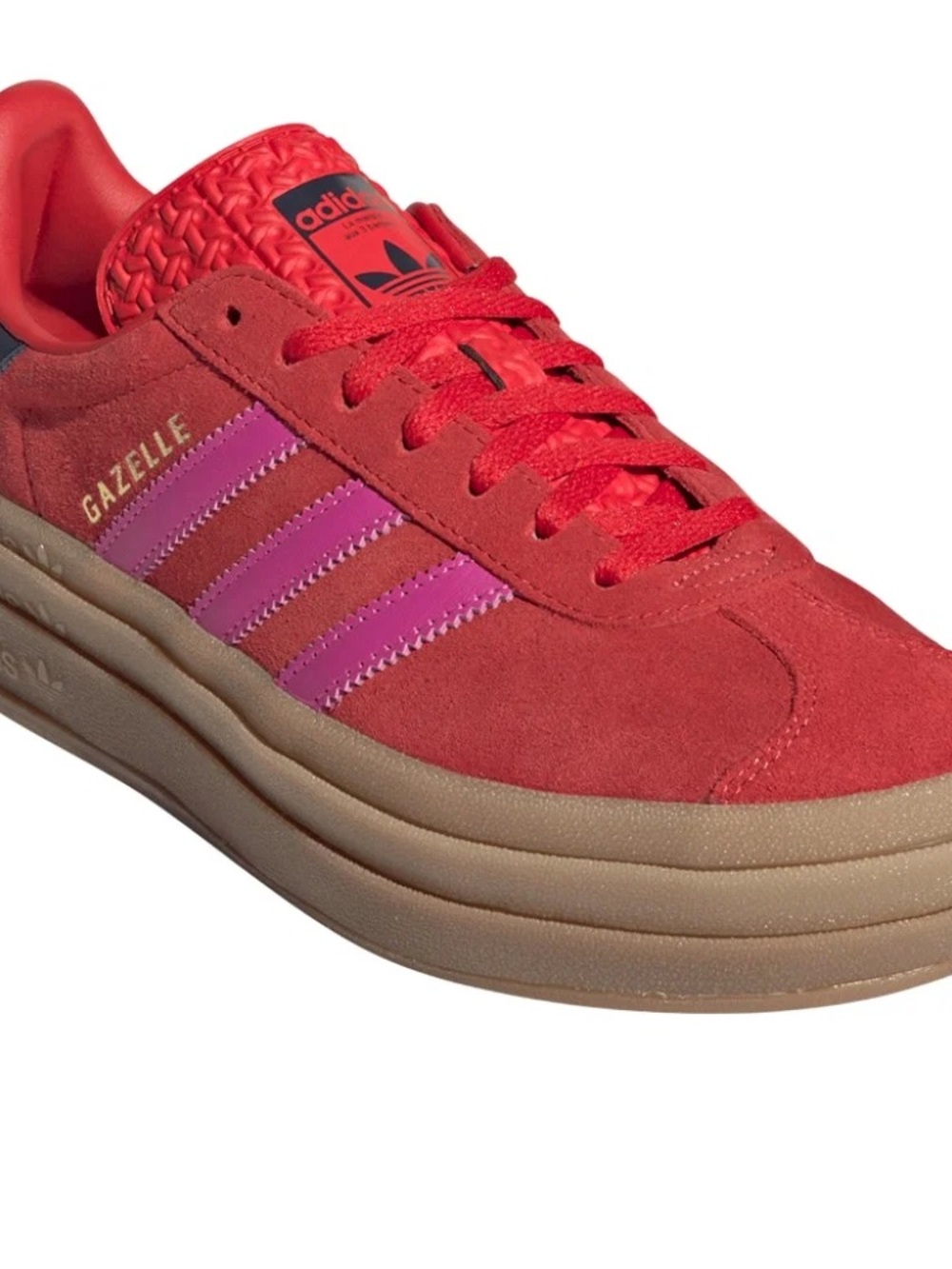 adidas Gazelle Women's Red Suede Sneakers with Pink Stripes and Gum Sole